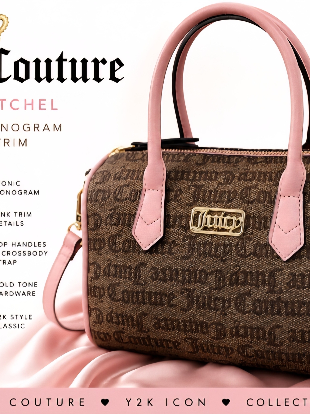 Juicy Couture Brown Pink Monogram Satchel Crossbody Y2K Bag
